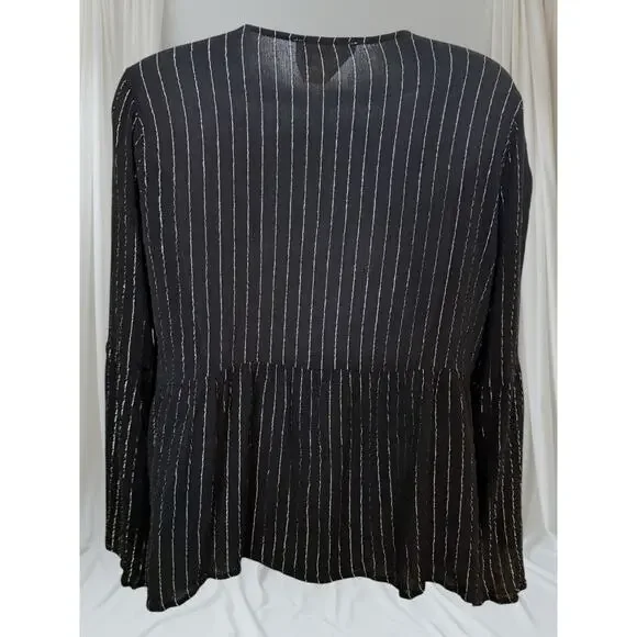 Savanna Jane Boho Embroidered Floral Blouse Black Metallic Stripe Peasant Top L - Picture 6 of 9